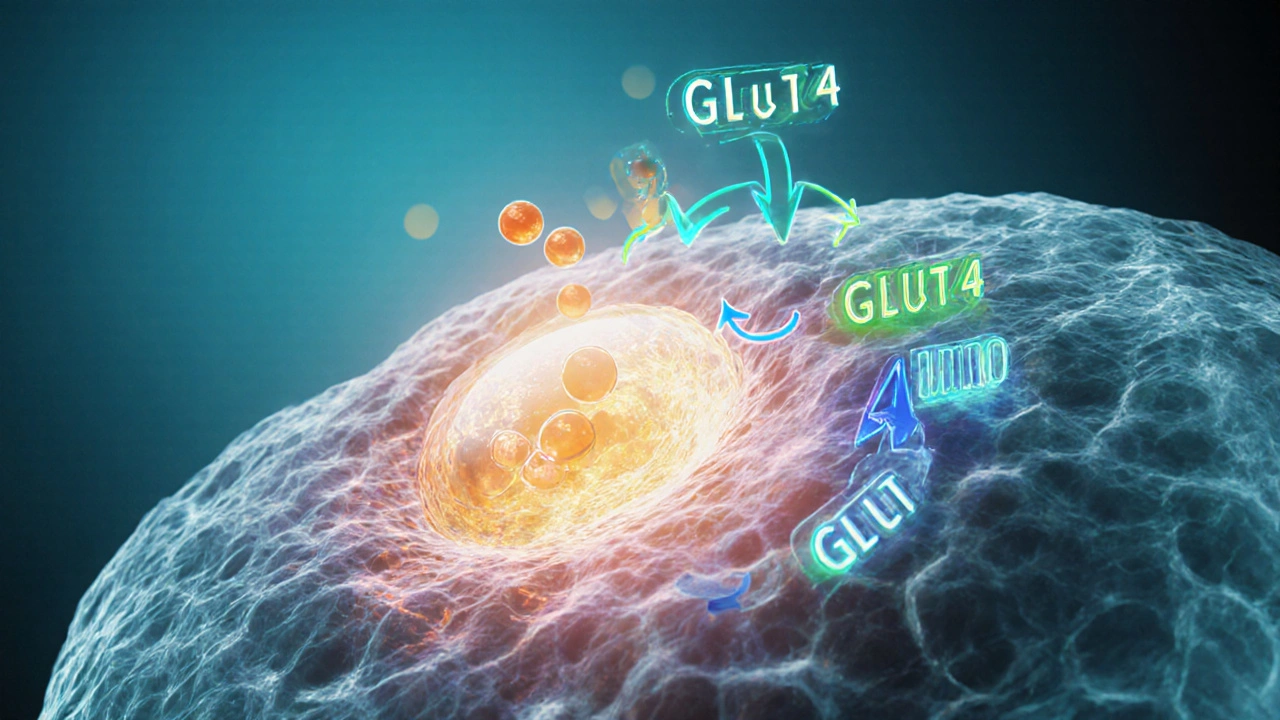 3D view of a fat cell showing rosiglitazone binding to PPARγ receptors.