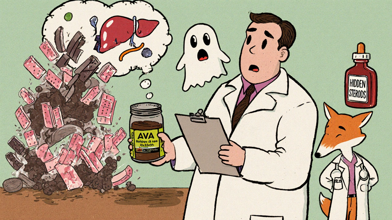 A patient shows herbal supplements to a doctor as cartoon liver cells collapse, with a hidden fox hiding undisclosed drugs.