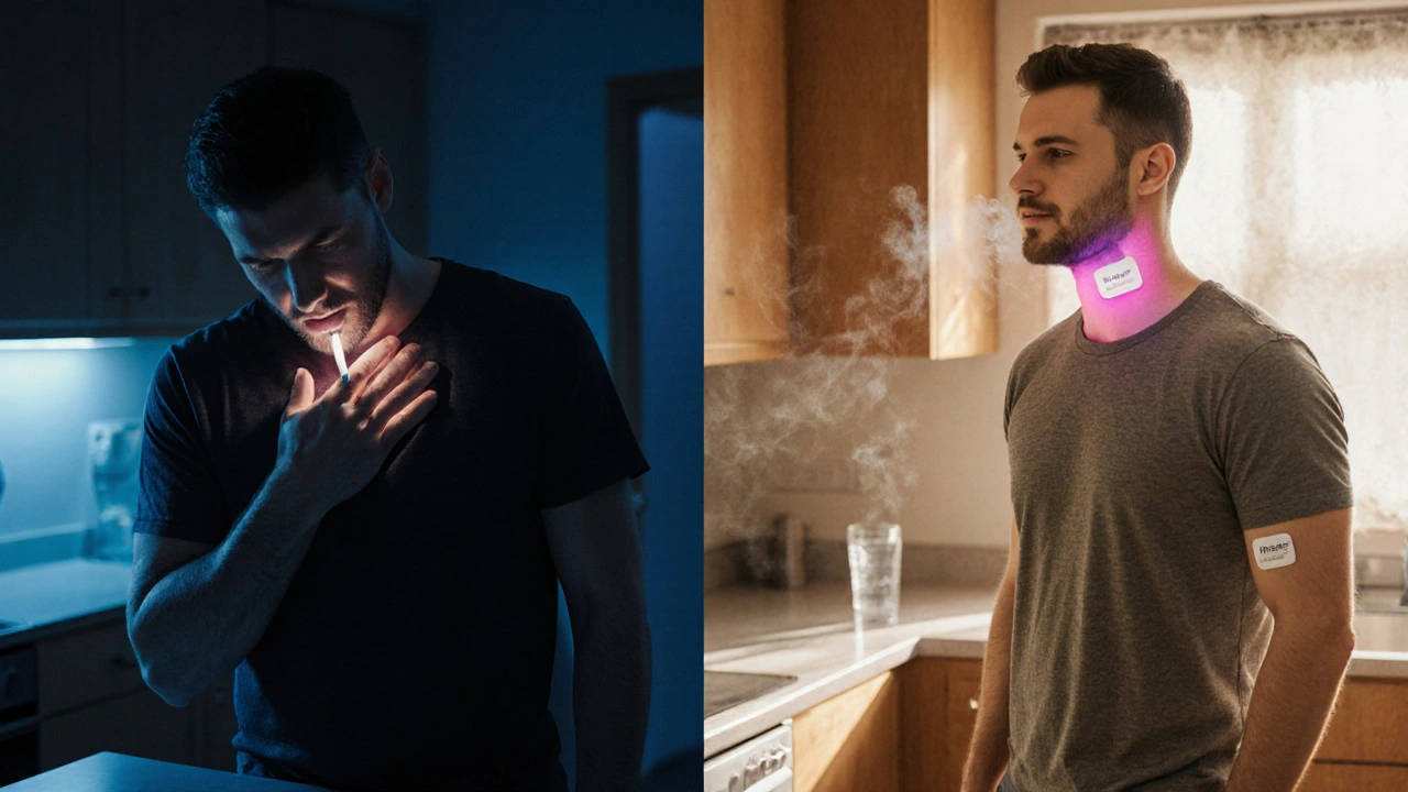 Before‑and‑after scene of a smoker experiencing heartburn versus feeling relief after quitting.