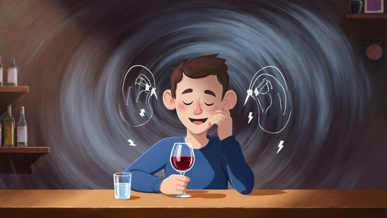 Cartoon of a person drinking wine with a spinning background indicating vertigo.