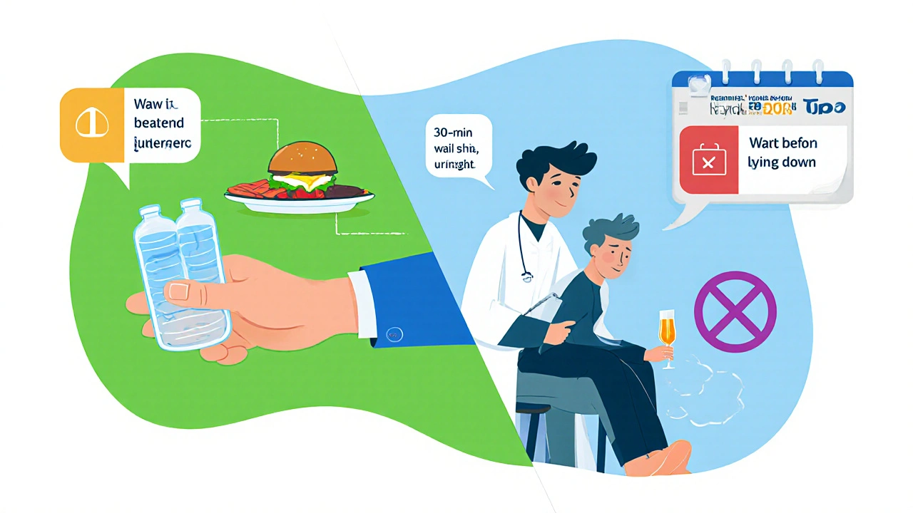 Cartoon showing water, food, upright posture, and doctor advice for vertigo management.