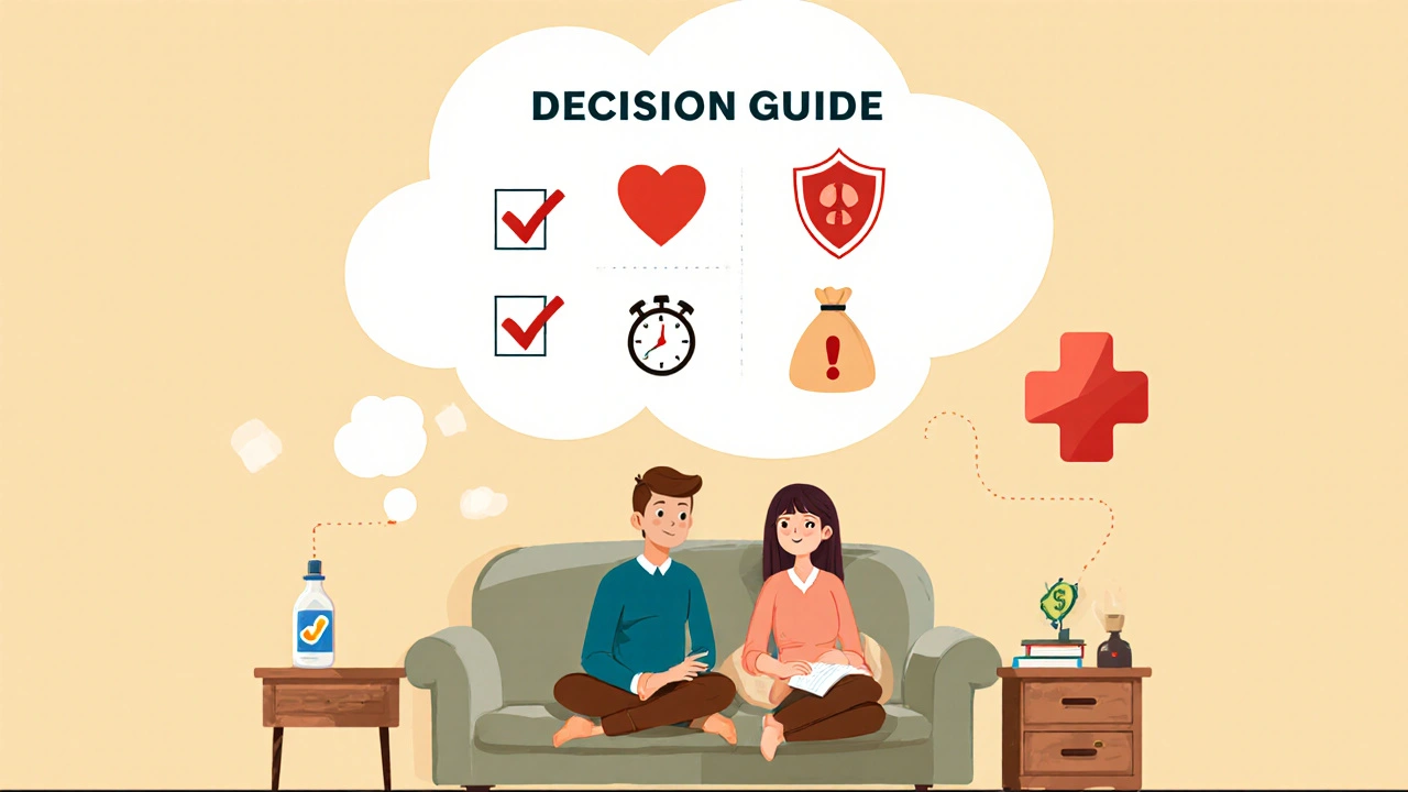 Couple on couch with thought bubble showing checklist icons and safety warnings.
