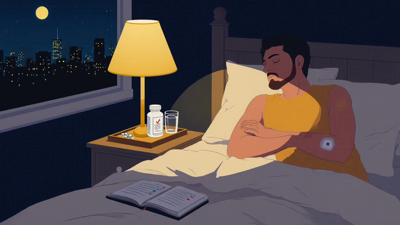 Cozy bedroom with elevated bed, medication, nicotine patch, and a planner for GERD management.