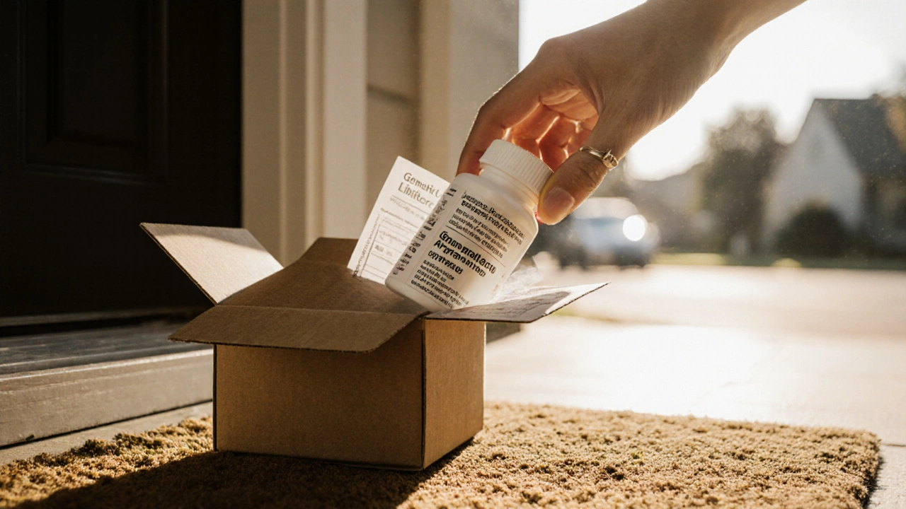 Discreet package delivering a generic Lipitor bottle with prescription.