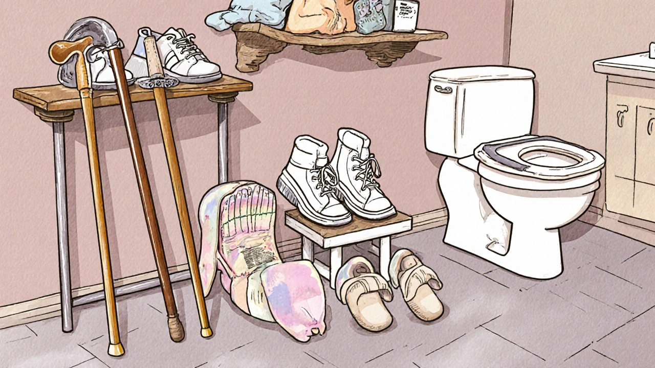 Display of cane, orthotic shoes, compression gloves, knee brace, and raised toilet in a vintage shop.