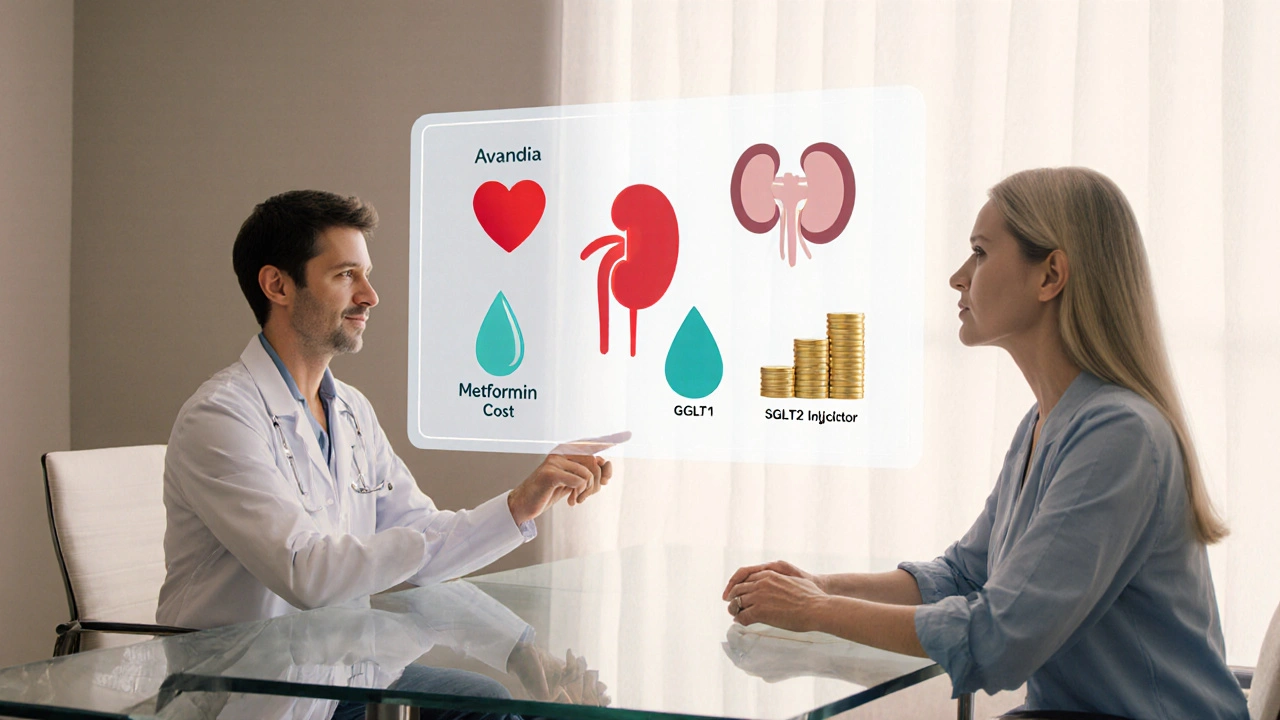 Doctor and patient reviewing holographic icons of heart, kidney, and medication choices.