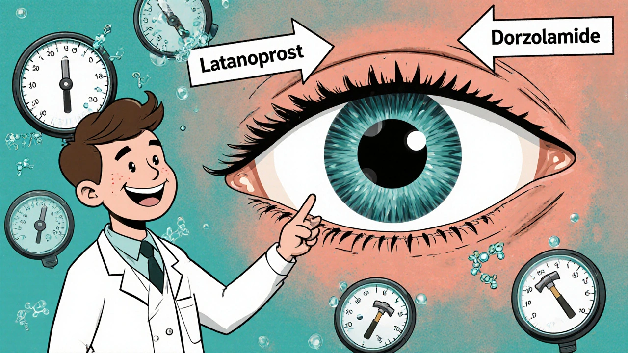Doctor explaining dorzolamide's mechanism in a cartoon eye with enzyme-blocking arrows.