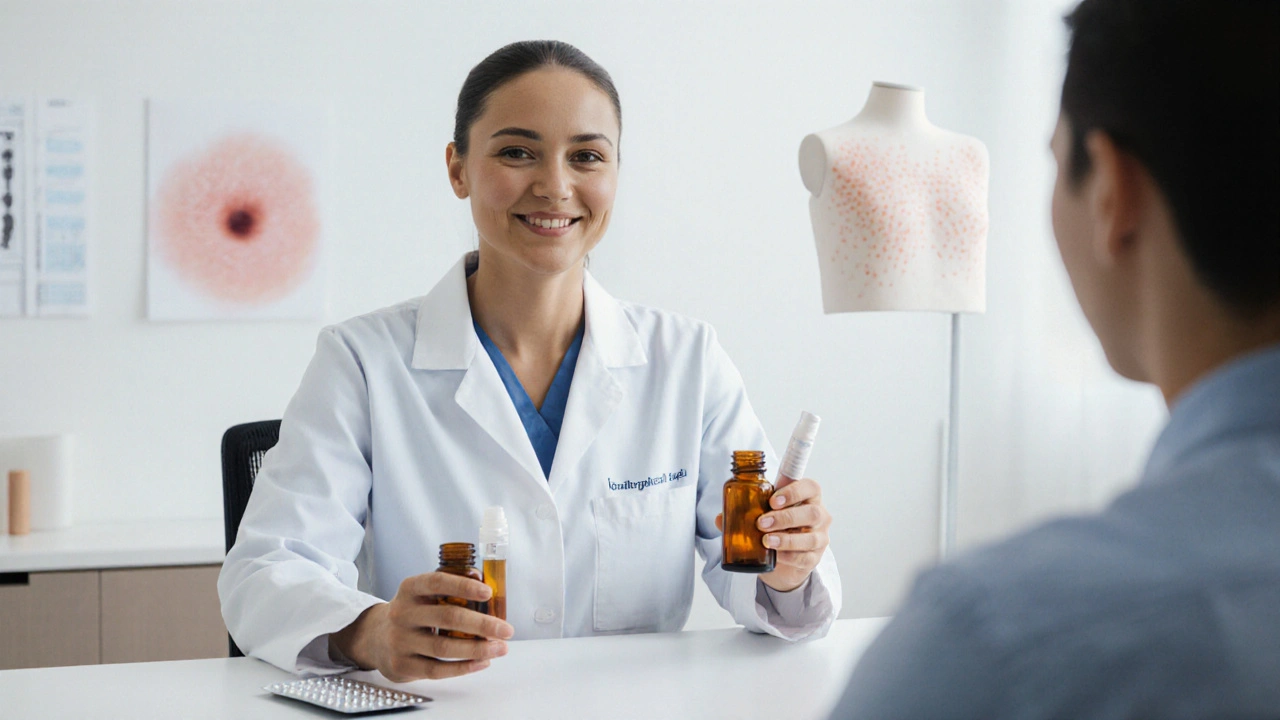 Doctor presenting pill bottles and cream to patient in clinic.