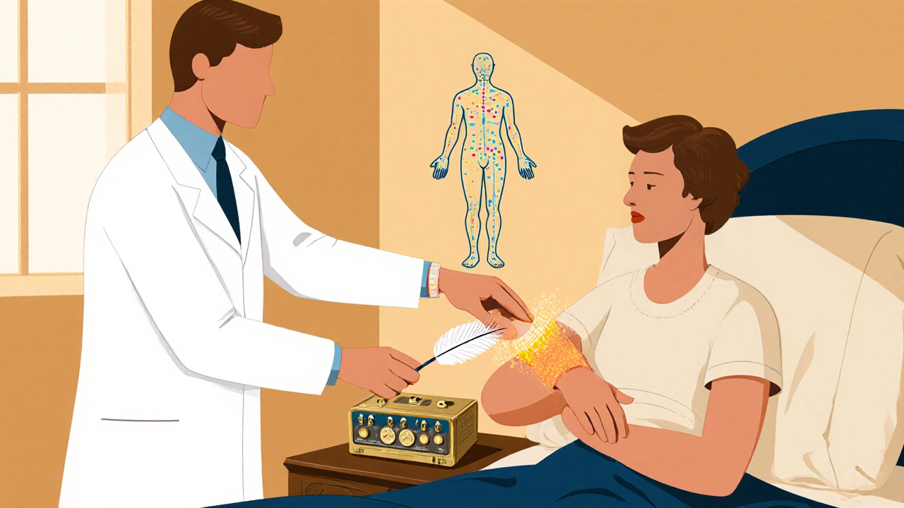 Doctor testing allodynia with feather and warm pack while a QST device displays nearby.