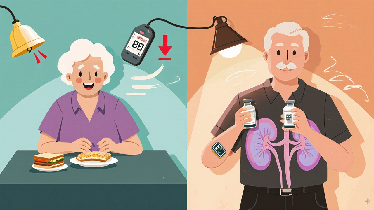 Elderly woman and middle‑aged man each show missed meals and CGM alerts, indicating hypoglycemia risk.