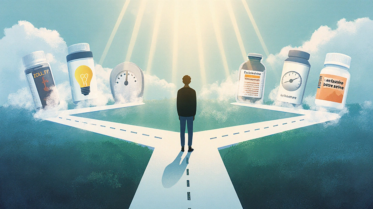 Figure at a crossroads with symbolic paths leading toward different antidepressant bottles.