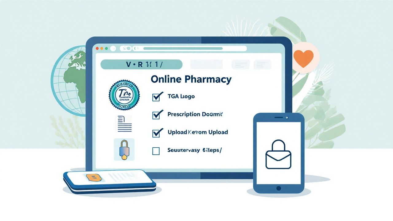 Hand checking an online pharmacy safety checklist on a tablet.