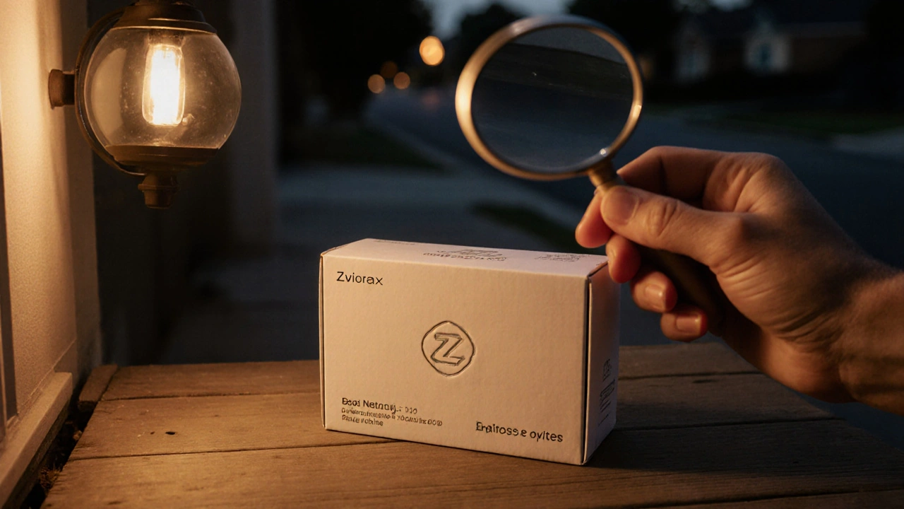 Hand examining a delivered medication box with a magnifying glass at dusk.