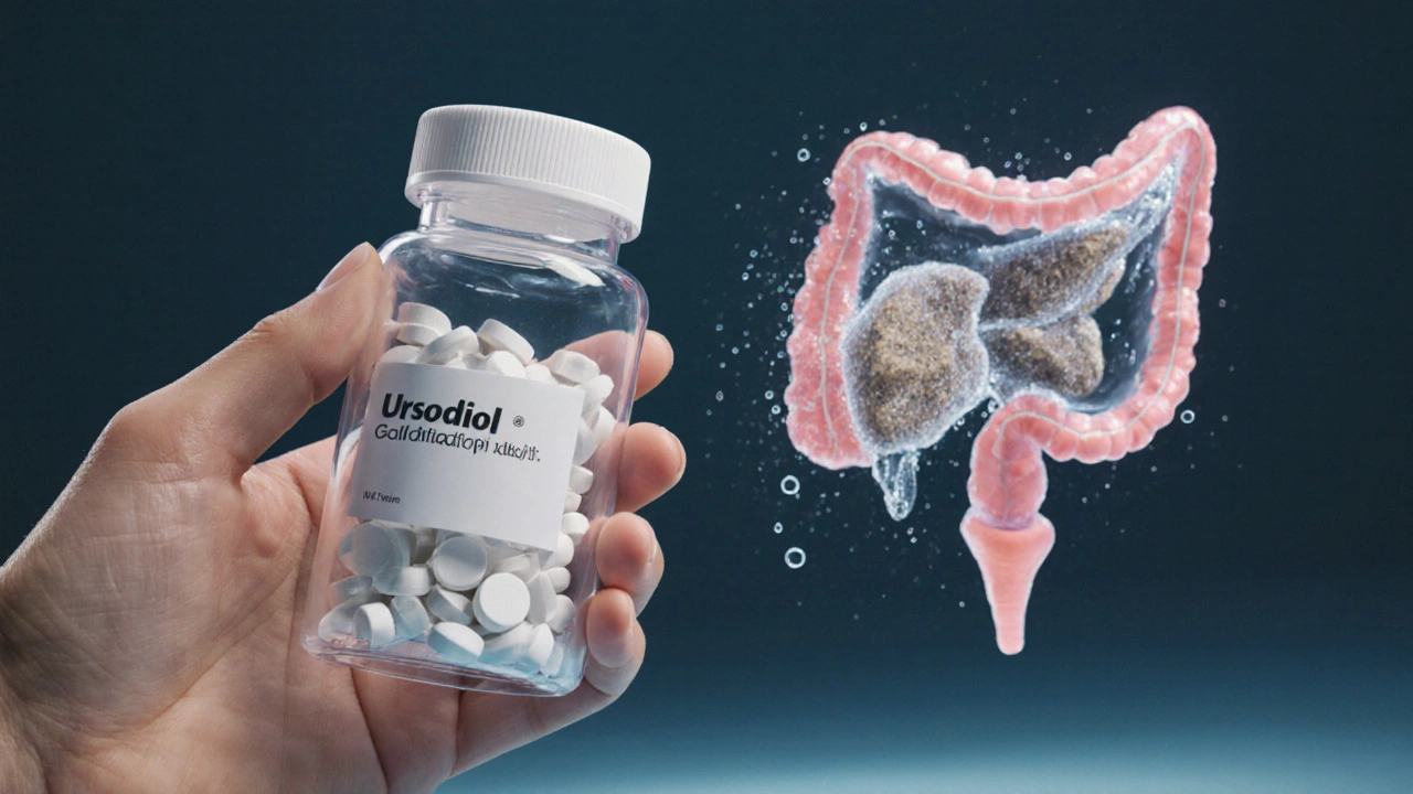 Hand holding prescription bottle next to dissolving gallstones in a gallbladder model.