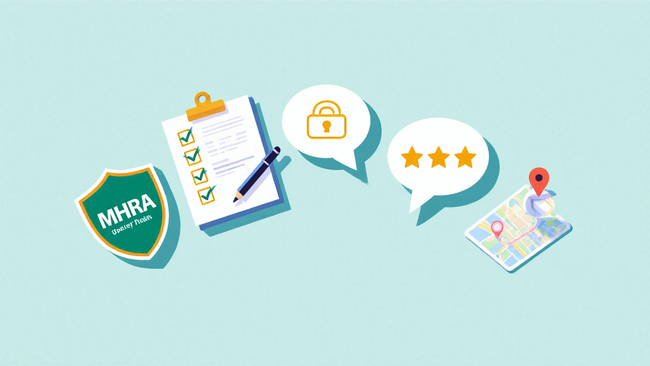 Illustrated checklist showing MHRA shield, prescription pad, padlock, review stars, and UK address pin.