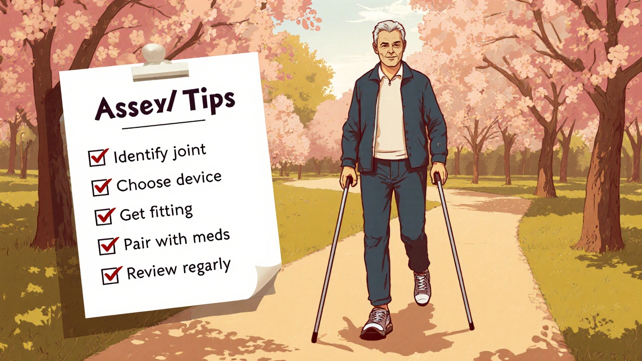 Individual walks in a park with a cane and orthotic shoes, checklist of gout care tips floating nearby.