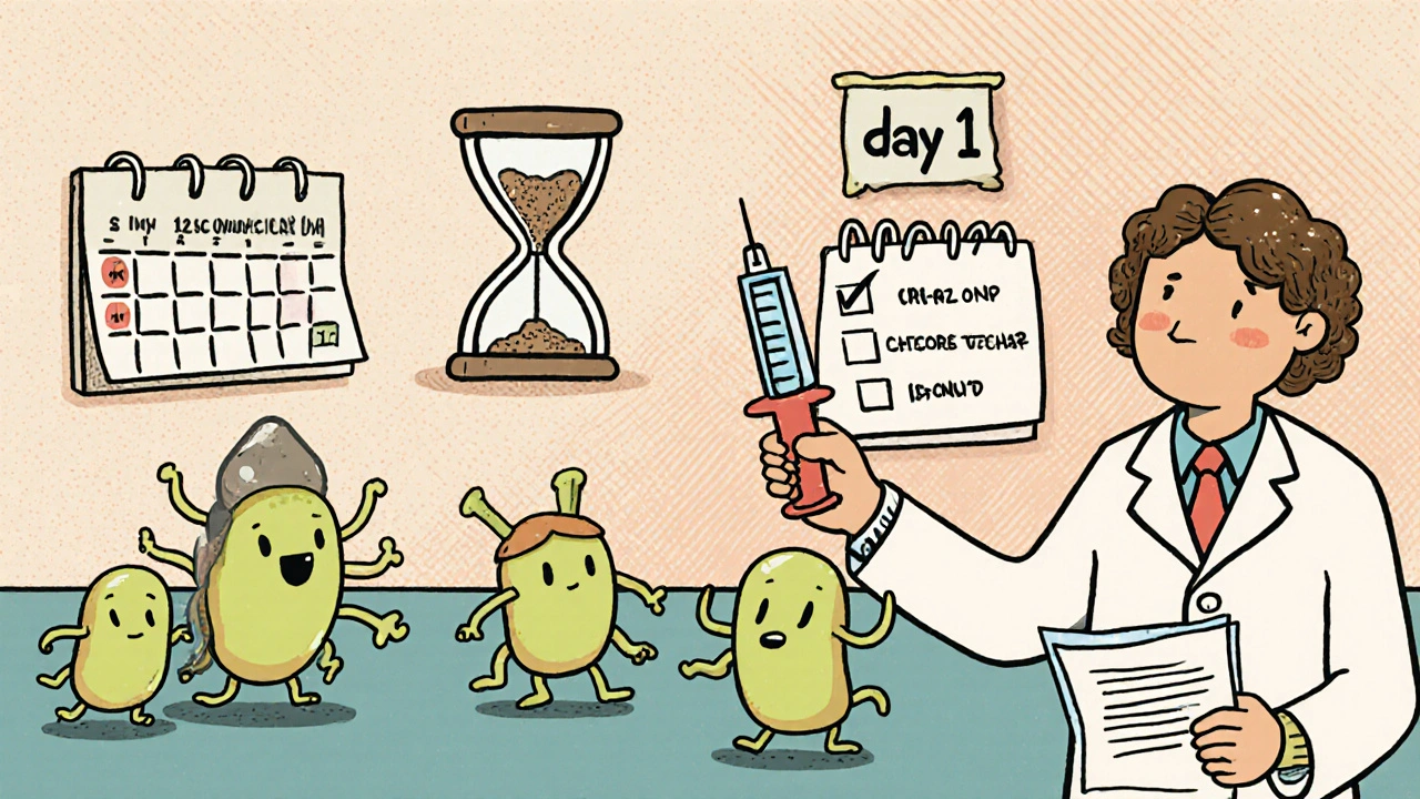 Lab scene with bacteria being chased by antibiotics and a calendar showing days.
