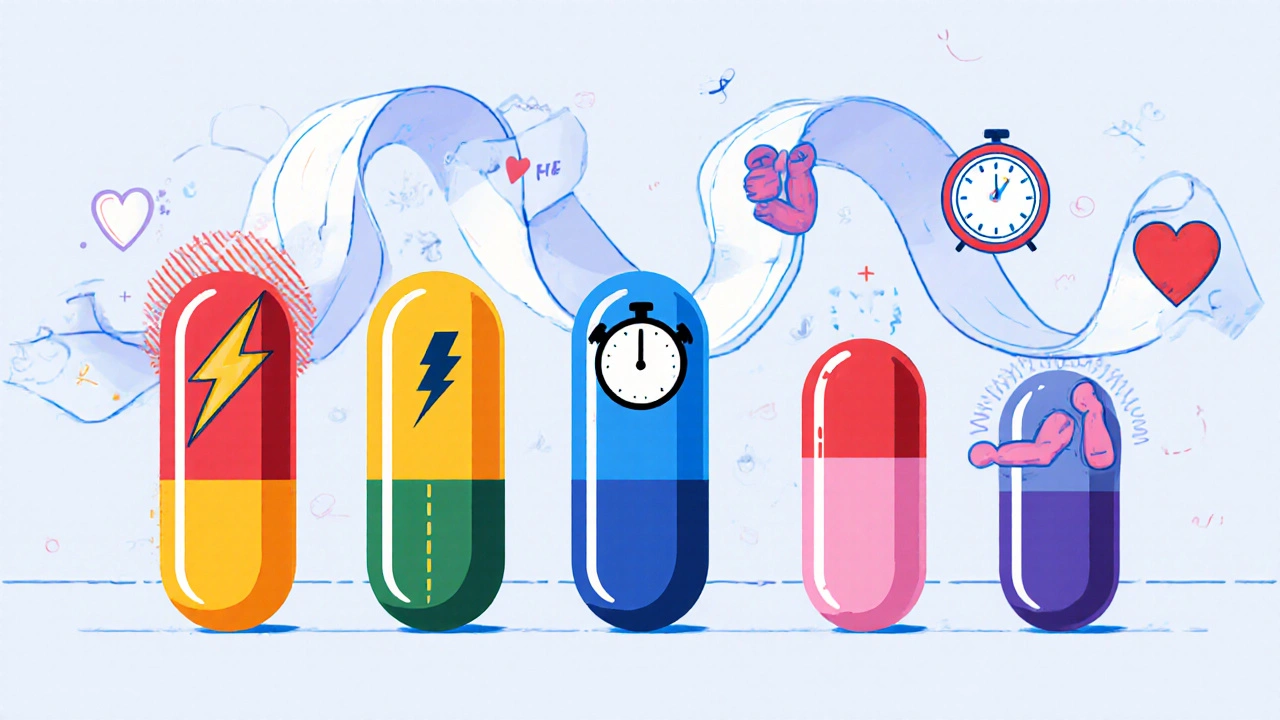 Lineup of six colored pills on a timeline with icons for onset and duration.
