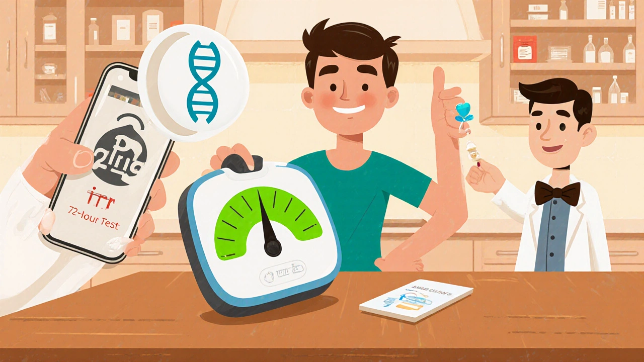 Patient checking INR with handheld device, pharmacist offering vitamin K and DNA symbol.