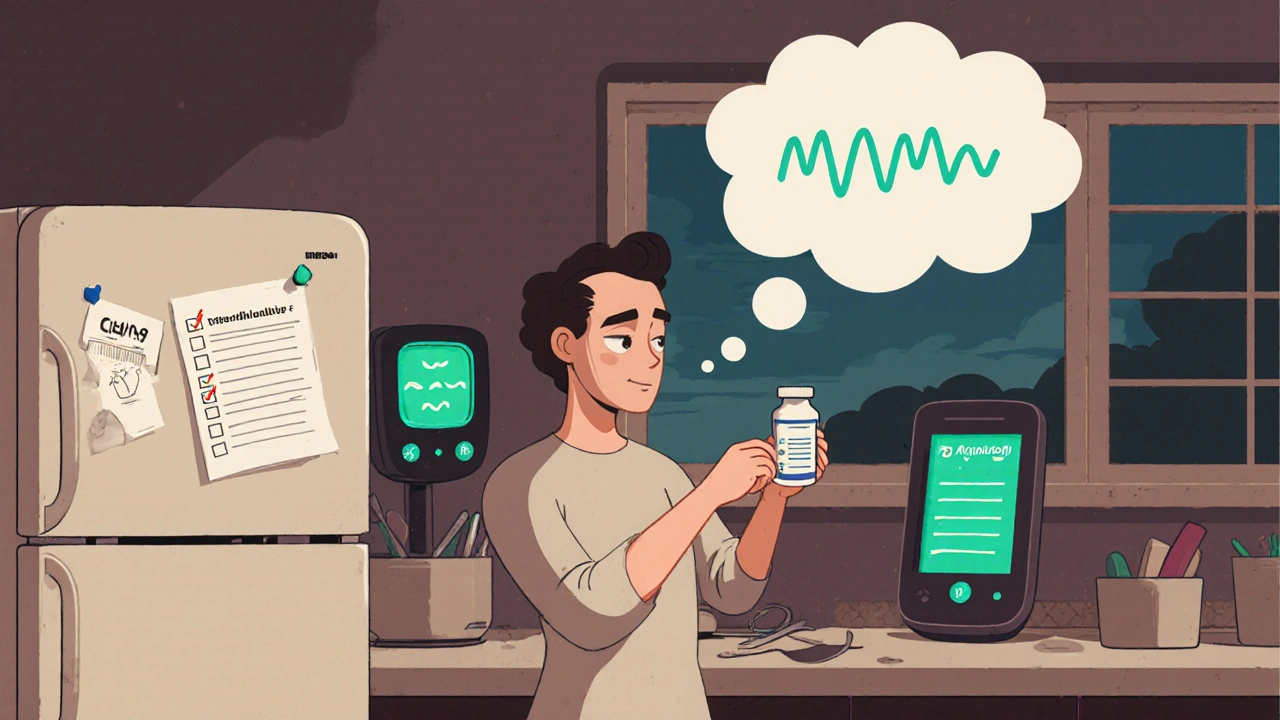 Patient checks a phone reminder, holds extended‑release pill, and looks at a CGM in a cozy kitchen.