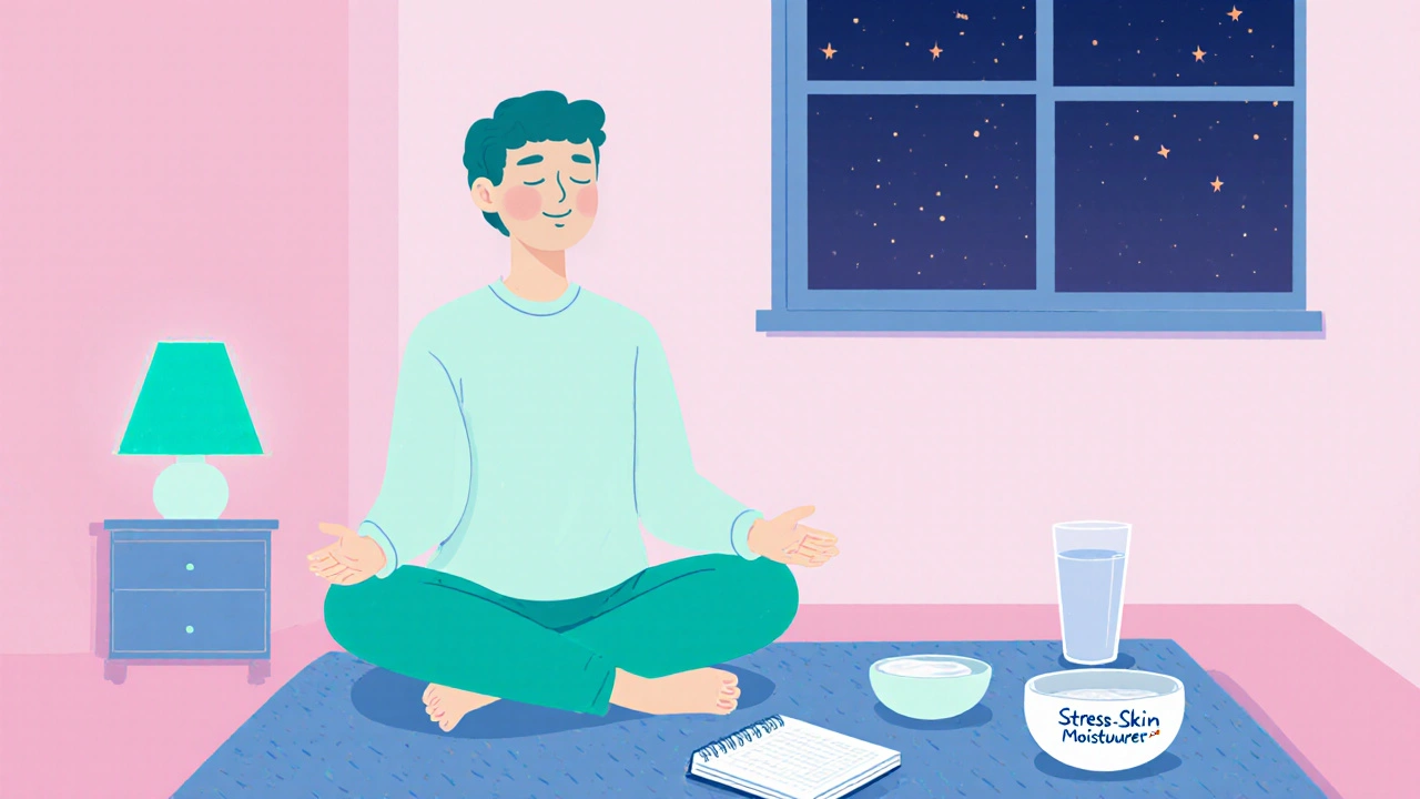 Person practicing breathing exercises, applying moisturizer, and journaling in a peaceful bedroom.