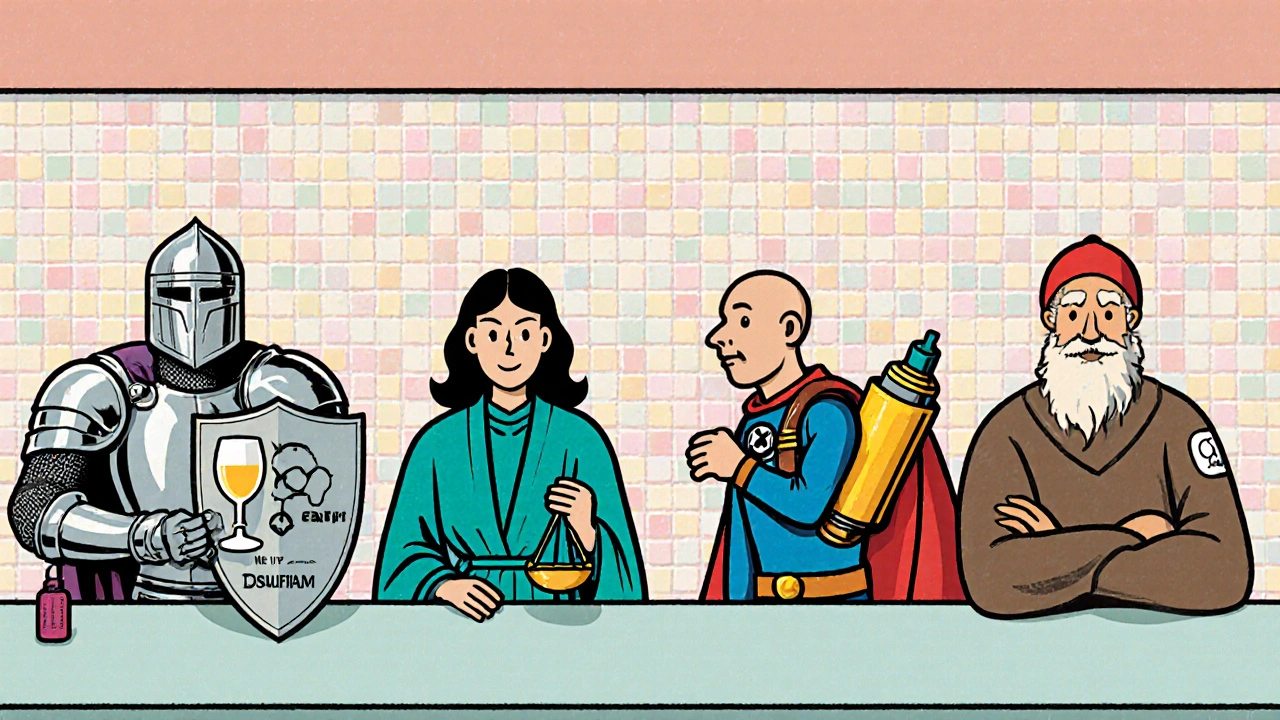 Pharmacy counter with personified characters for Disulfiram, Acamprosate, Naloxone, and Buprenorphine.