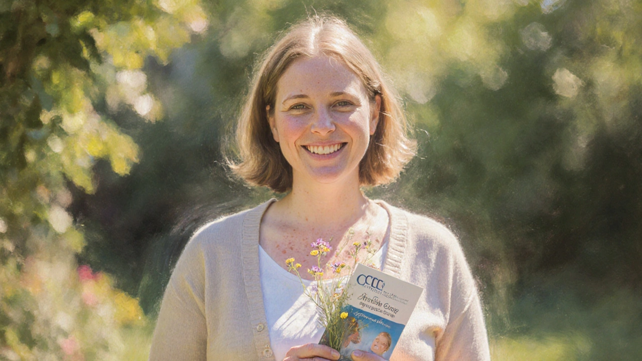 Portrait of a smiling woman in a garden holding a support group brochure.