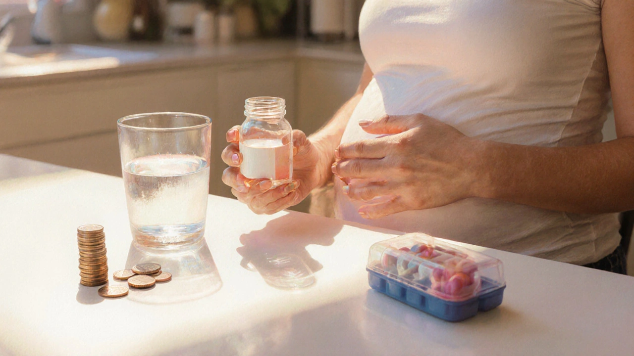 Pregnant woman reviewing medication with coins and kidney pill container.