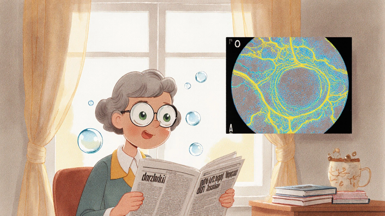 Retired teacher reading peacefully as protective dorzolamide drops float near her eyes.