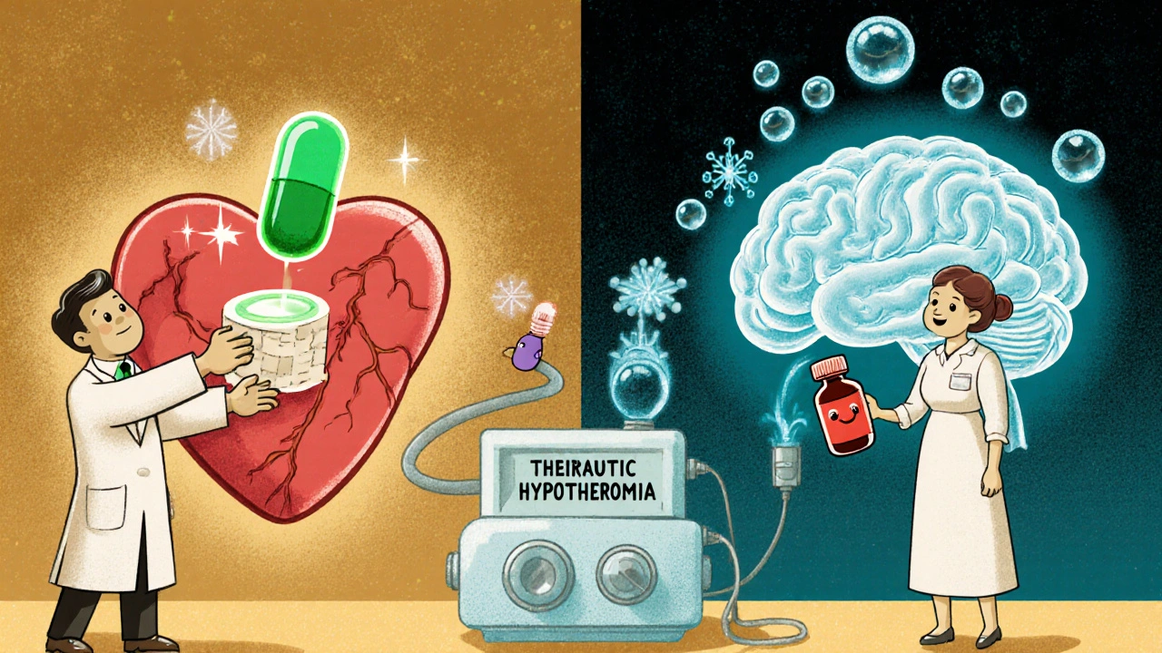 Retro cartoon of doctors using antioxidants, colchicine, and cooling to protect a heart and brain.