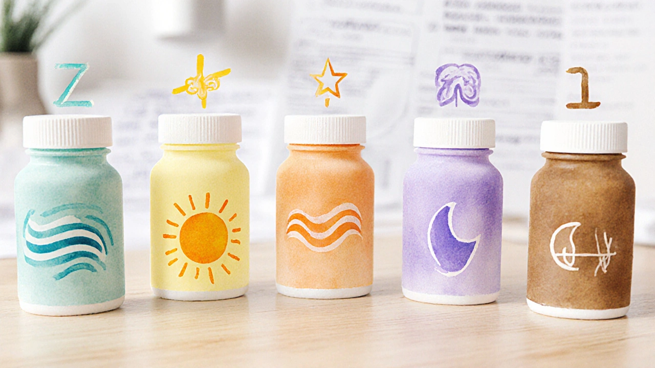 Six pill bottles representing Zoloft and five alternatives arranged together with subtle visual cues.