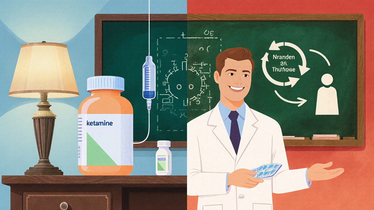 Split scene of doctor lowering opioid dose with ketamine drip and rotating to buprenorphine patch.
