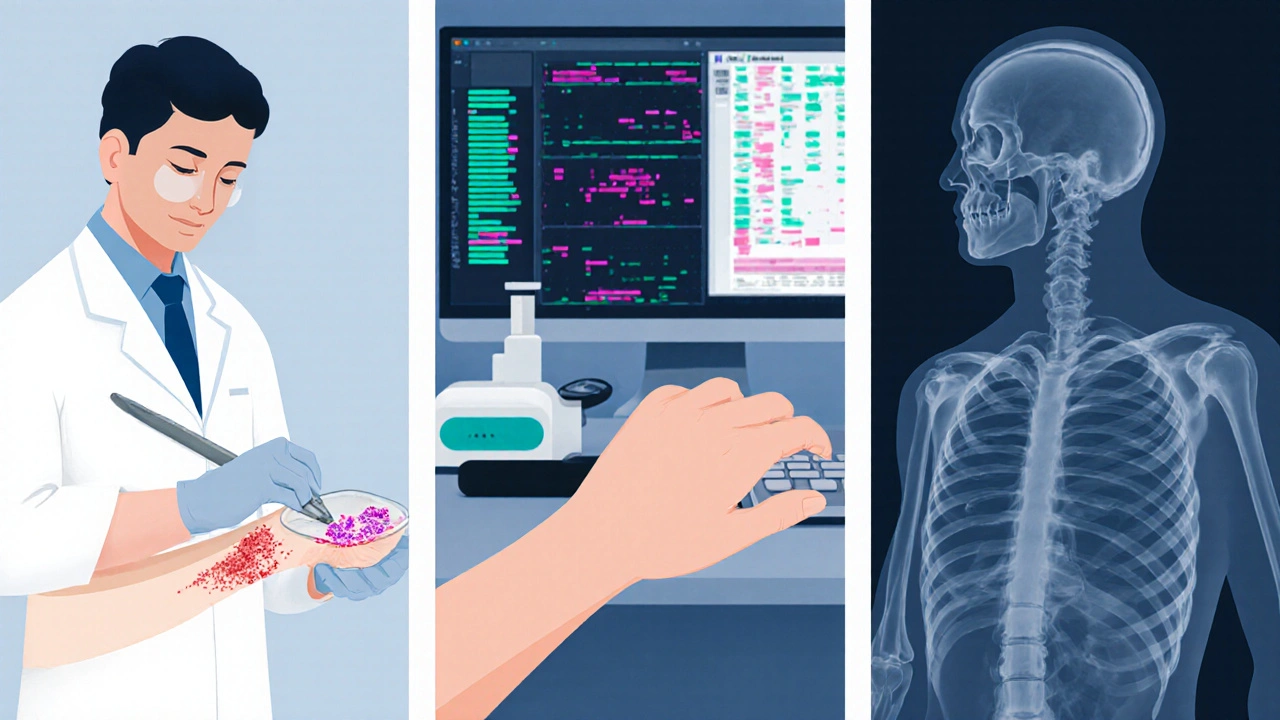 Three‑panel medical illustration of skin biopsy, flow cytometer, and PET scan.