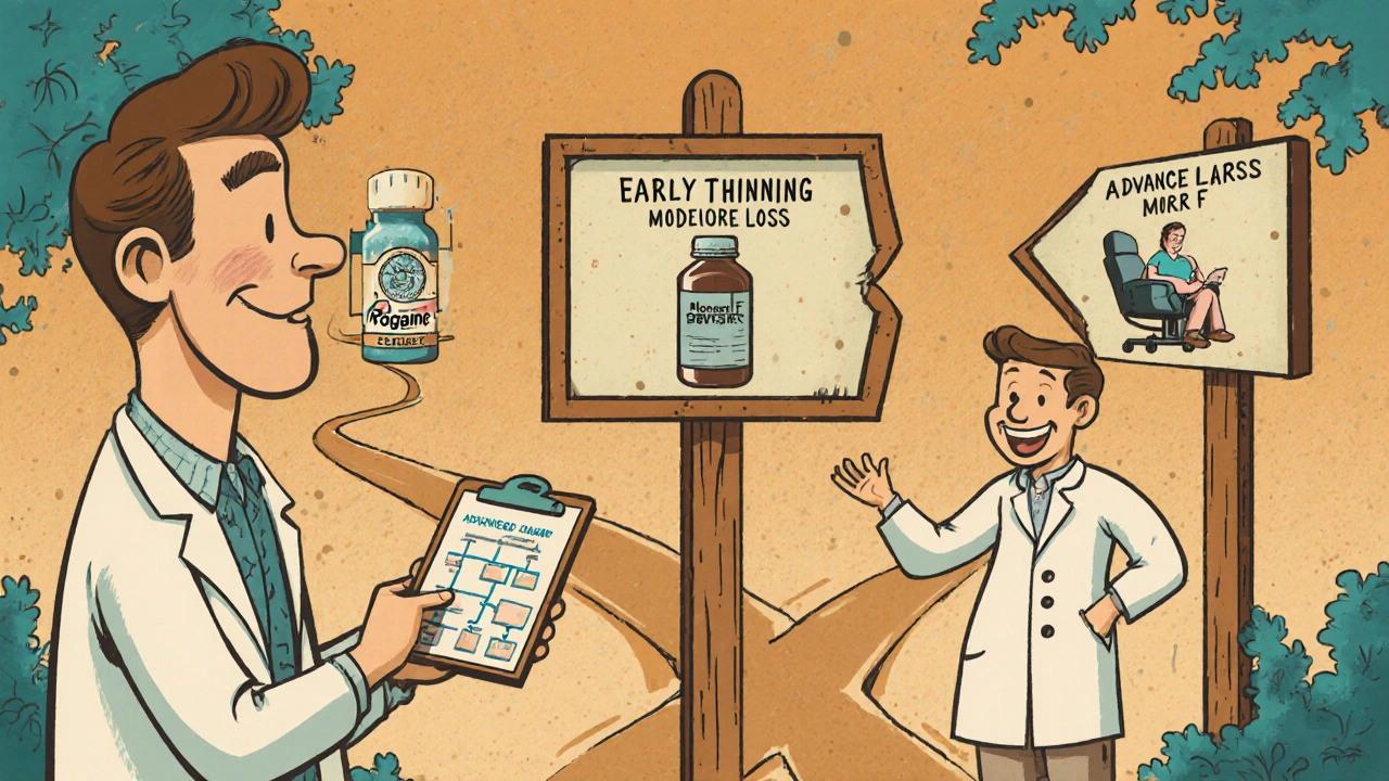 Vintage cartoon of a man at a crossroads choosing treatments, guided by a dermatologist with a flowchart.