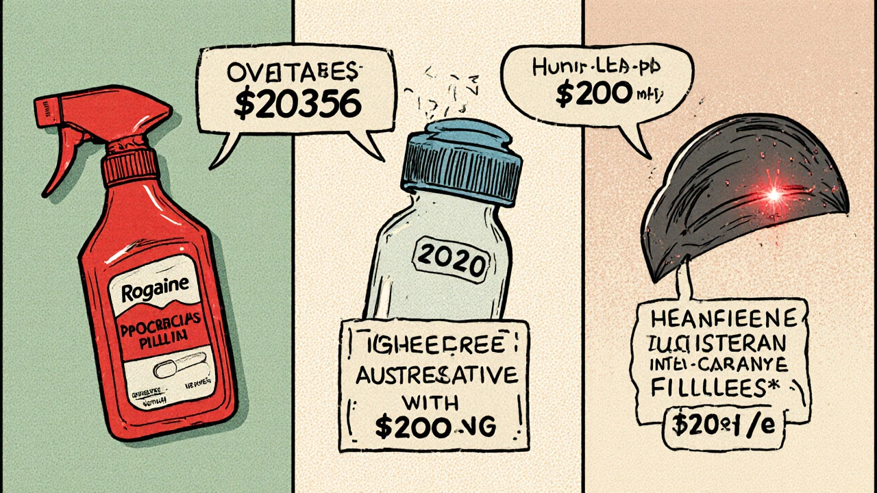 Vintage cartoon split panel showing Rogaine, Propecia, dutasteride, LLLT cap, and hair transplant icons with price tags.