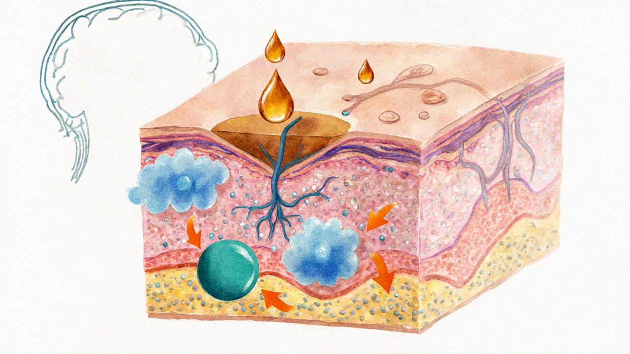 Watercolor cross‑section of skin showing cortisol, histamine, and immune cells affecting inflammation.