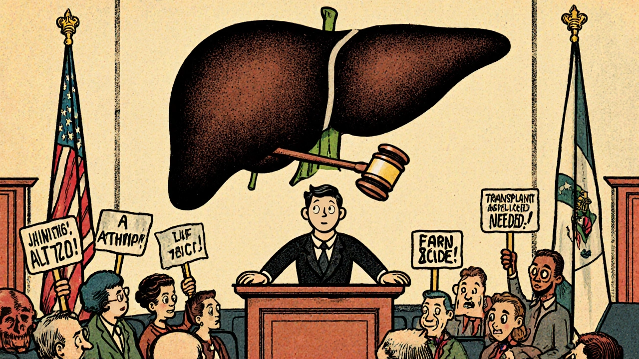 A black cohosh root on trial with medications as witnesses and a liver-shaped gavel.