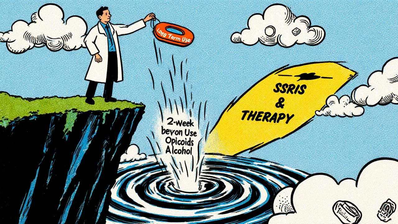 A doctor offering a short-term prescription as a life raft while dangerous drugs pull someone down.