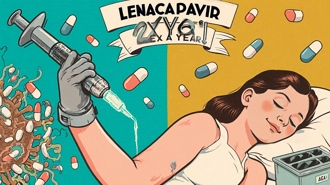 A futuristic injection with modern antiviral vs chaotic old pills, shown in a split cartoon scene