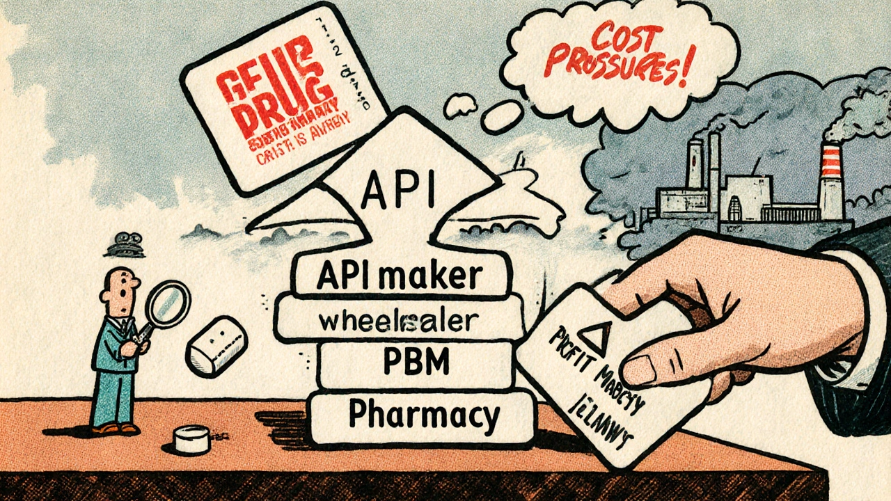 A house of cards representing the generic drug supply chain is collapsing, with a patient reaching for a falling pill in a 1940s cartoon style.