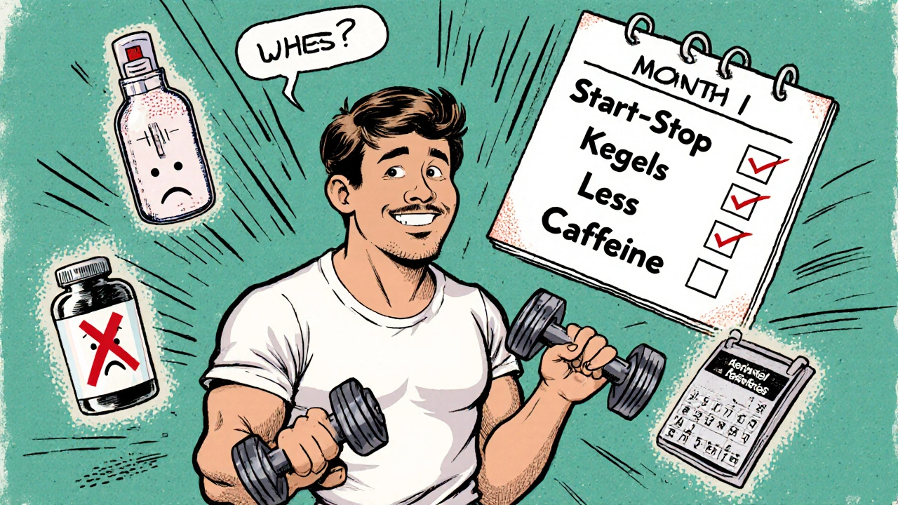 A man doing Kegel exercises with icons of failed alternatives and a progress calendar in classic vintage cartoon style.