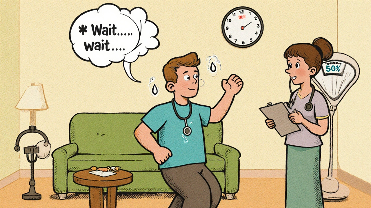 A man practicing ejaculation control with a therapist, surrounded by symbols of exercise and weight loss.