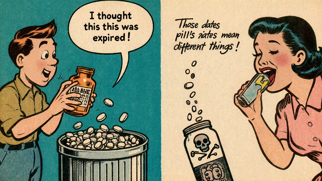 A man throws away medicine thinking it&#039;s expired, while another takes expired pills—cartoonish contrast showing confusion.