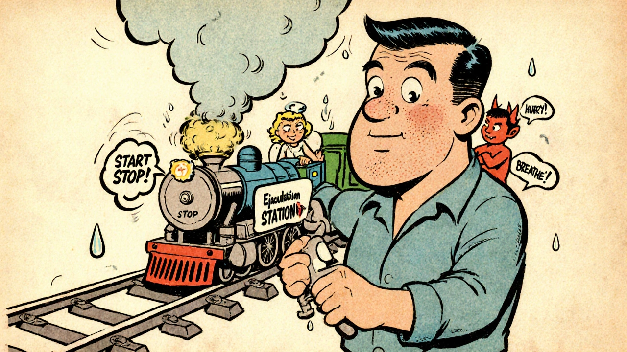 A man using the start-stop technique with a train metaphor, brake lever, and cartoon angels and devils in vintage comic style.