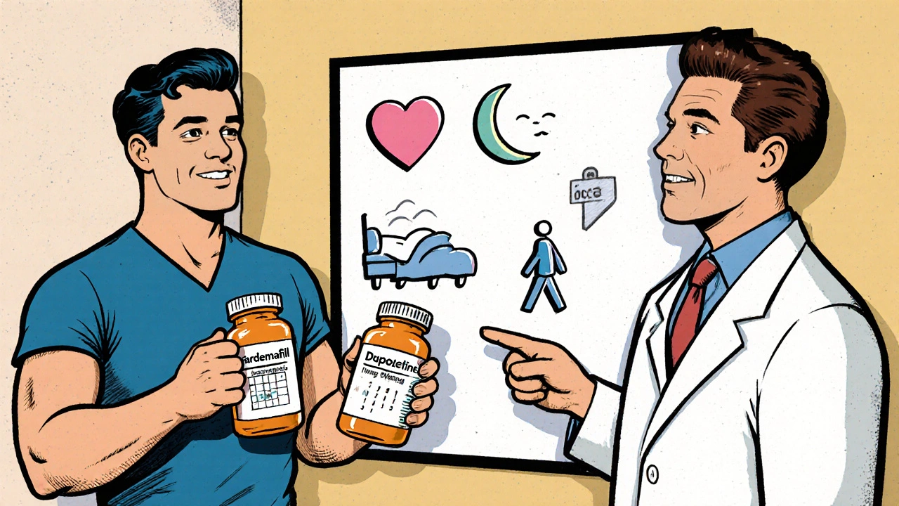 A man with separate prescription bottles and a doctor pointing to healthy lifestyle icons.