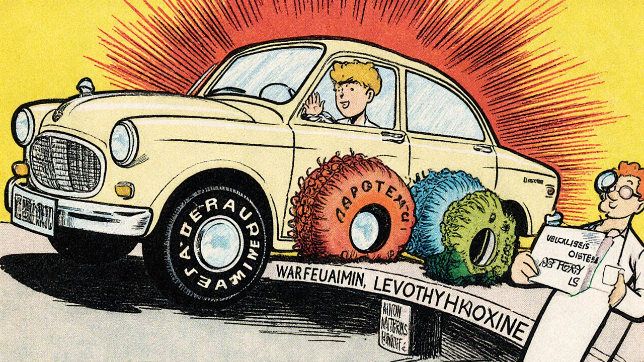 A person&#039;s body as a car with different pill manufacturer tires driving on a narrow therapeutic road.