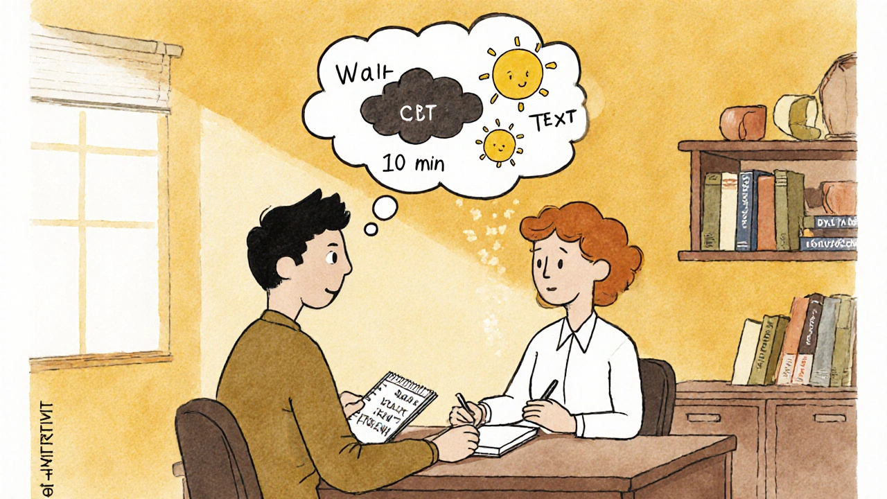 A person and therapist in a cozy office, with thought bubbles turning from dark to light.