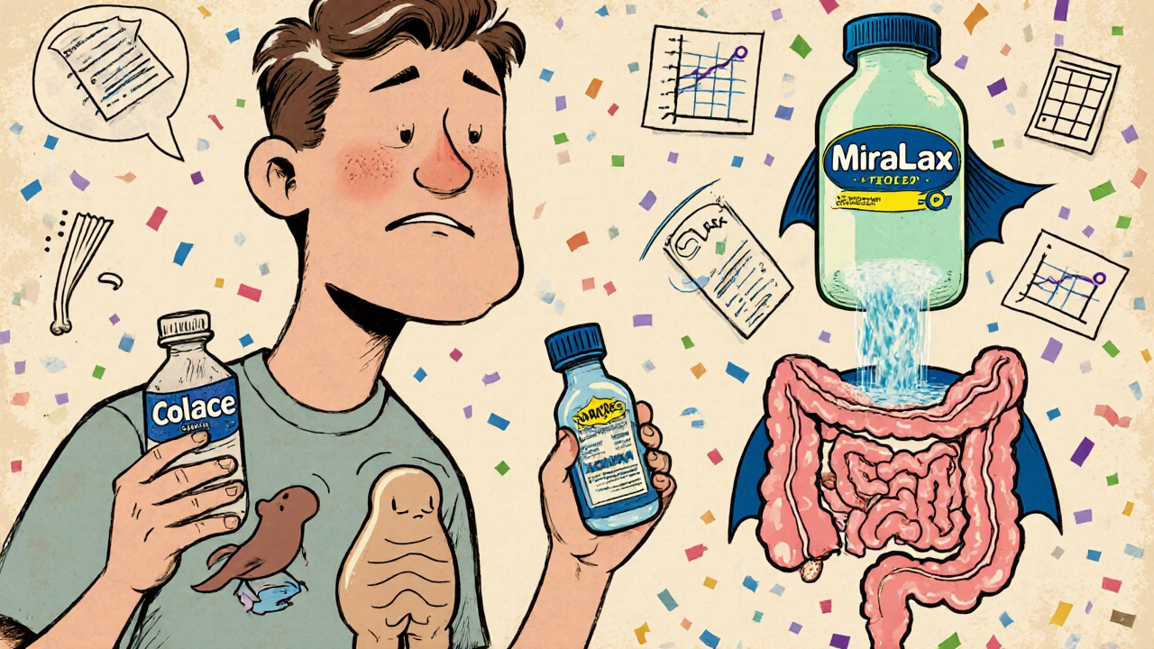 A person holding stool softener while a superhero MiraLax bottle works better, showing ineffective vs effective remedies.