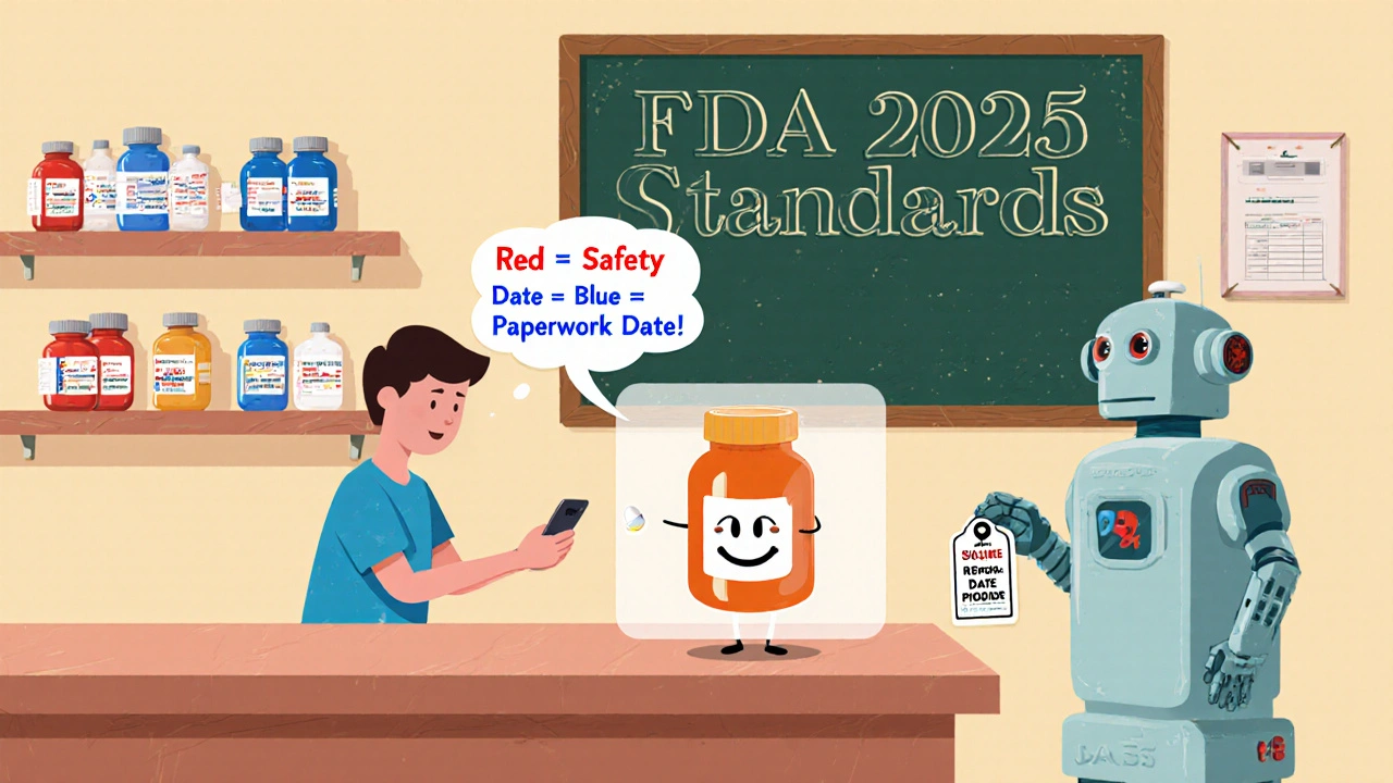 A person scans a pill bottle with a phone, and a hologram explains expiration vs. refill dates in a retro-futuristic pharmacy.