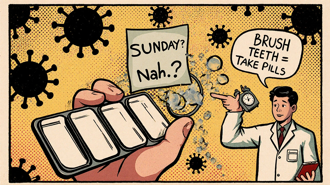 A person with an empty pill organizer and viruses multiplying, guided by a pharmacist and alarm